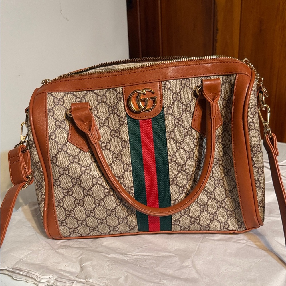 Gucci Beige and Brown Satchel with Red and Green Stripe